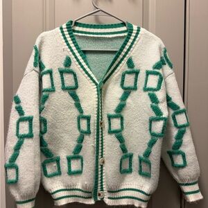 Geometric Patterned Green and White Women's Sweater